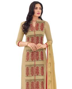 Beige Chanderi Embroidery Straight Suits