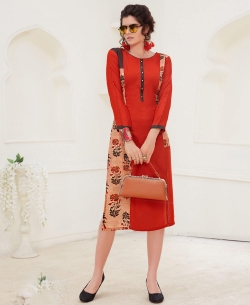 Red Rayon Printed A Line Kurtis