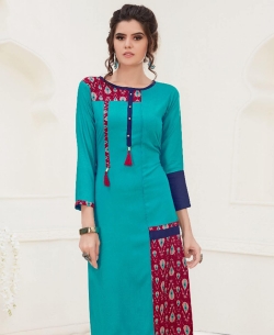Turquoise Rayon Printed A Line Kurtis