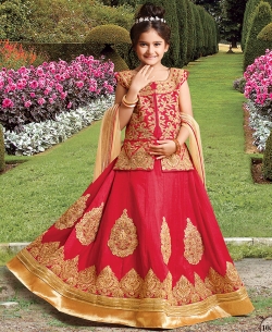 Red Silk Heavy Embroidery Girls A Line Lehengas