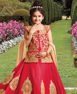 Red Silk Heavy Embroidery Girls A Line Lehengas