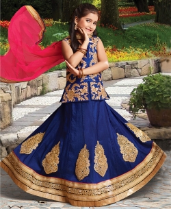 Navy Blue Silk Heavy Embroidery Girls A Line Lehengas