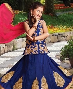 Navy Blue Silk Heavy Embroidery Girls A Line Lehengas
