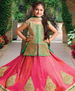 Pink Silk Heavy Embroidery Girls A Line Lehengas