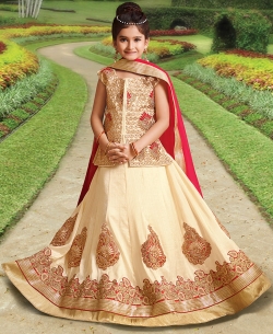 Cream Silk Heavy Embroidery Girls A Line Lehengas