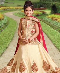 Cream Silk Heavy Embroidery Girls A Line Lehengas