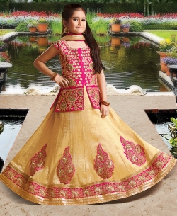 Beige Silk Heavy Embroidery Girls A Line Lehengas