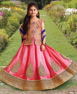 Pink Silk Heavy Embroidery Girls A Line Lehengas