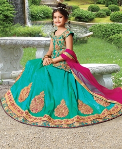 Green Silk Heavy Embroidery Girls A Line Lehengas