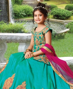 Green Silk Heavy Embroidery Girls A Line Lehengas