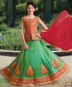 Green Silk Heavy Embroidery Girls A Line Lehengas