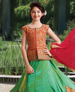 Green Silk Heavy Embroidery Girls A Line Lehengas