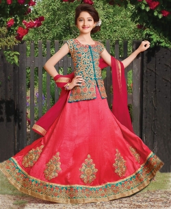 Pink Silk Heavy Embroidery Girls A Line Lehengas