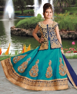 Rama Green Silk Heavy Embroidery Girls A Line Lehengas