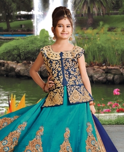 Rama Green Silk Heavy Embroidery Girls A Line Lehengas