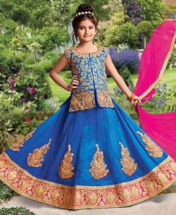 Blue Silk Heavy Embroidery Girls A Line Lehengas