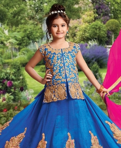 Blue Silk Heavy Embroidery Girls A Line Lehengas
