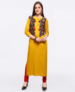 Yellow Cotton Embroidery A Line Kurtis