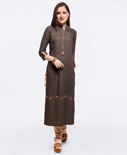 Brown Cotton Embroidery A Line Kurtis