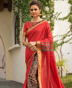 Red Art Silk Printed Half And Half Sarees