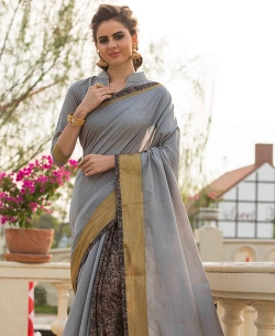 Grey Art Silk Printed Half And Half Sarees