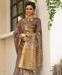 Brown Art Silk Printed Half And Half Sarees