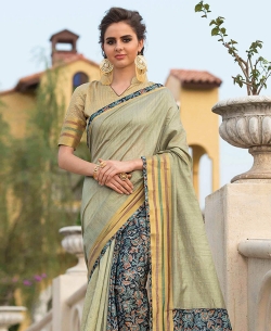 Beige Art Silk Printed Half And Half Sarees