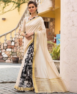 Cream Art Silk Printed Half And Half Sarees