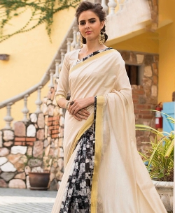 Cream Art Silk Printed Half And Half Sarees