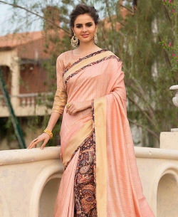 Peach Art Silk Printed Half And Half Sarees