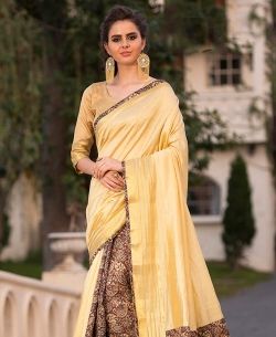Yellow Art Silk Printed Half And Half Sarees