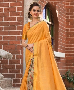 Yellow Art Silk Printed Half And Half Sarees