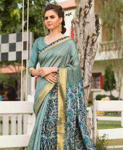 Teal Art Silk Printed Half And Half Sarees