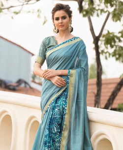 Sky Blue Art Silk Printed Half And Half Sarees
