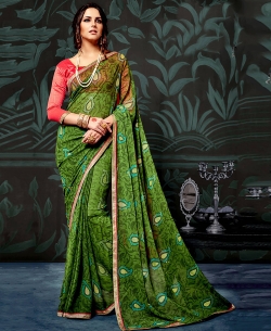 Green Chiffon Printed Regular Sarees