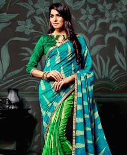 Green Chiffon Printed Half And Half Sarees