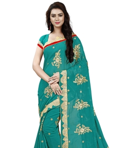 Teal Georgette Embroidery Designer Sarees