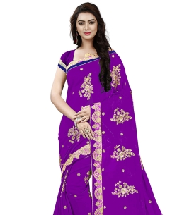Violet Georgette Embroidery Designer Sarees
