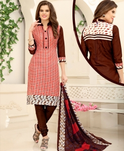 Brown And Red Cotton Printed Chudidhar Suits