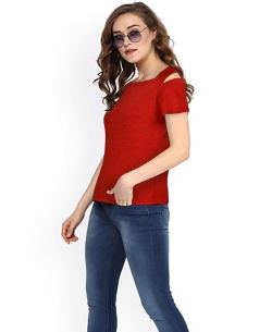 Red Knitting Plain Tunic Tops