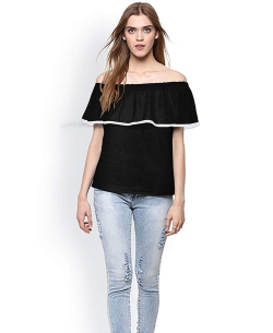 Black Knitting Plain Tunic Tops