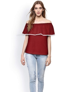 Maroon Knitting Plain Tunic Tops