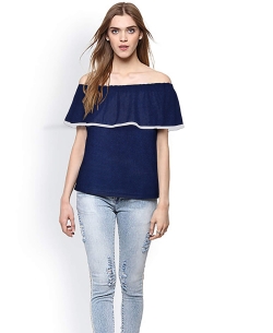Blue Knitting Plain Tunic Tops