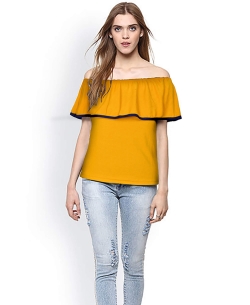 Yellow Knitting Plain Tunic Tops