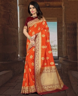 Orange Silk Zari Work Traditional Sarees