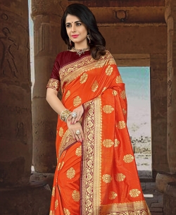 Orange Silk Zari Work Traditional Sarees