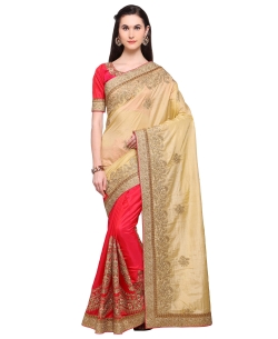 Beige Banarasi Silk Embroidery Half And Half Sarees