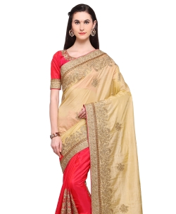 Beige Banarasi Silk Embroidery Half And Half Sarees