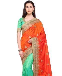 Orange Banarasi Silk Embroidery Half And Half Sarees