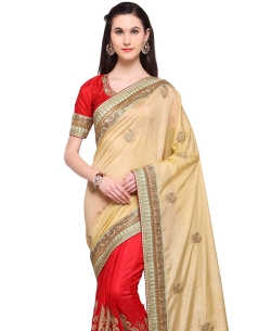 Beige Banarasi Silk Embroidery Half And Half Sarees